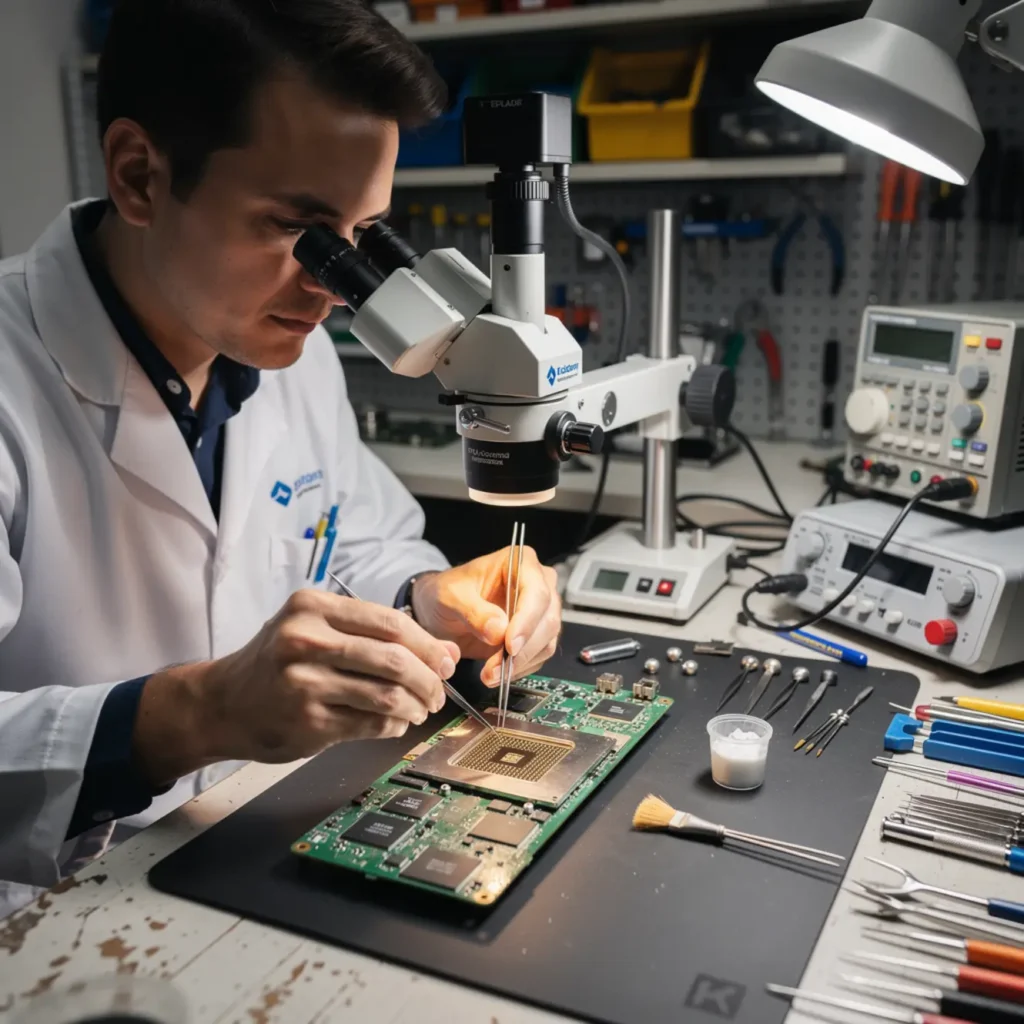 Technician performing BGA rework phone repair course under a microscope on a smartphone logic board at a real repair bench