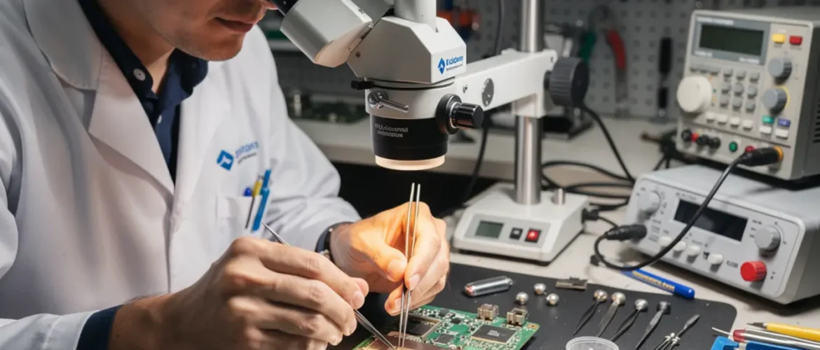 Technician performing BGA rework phone repair course under a microscope on a smartphone logic board at a real repair bench
