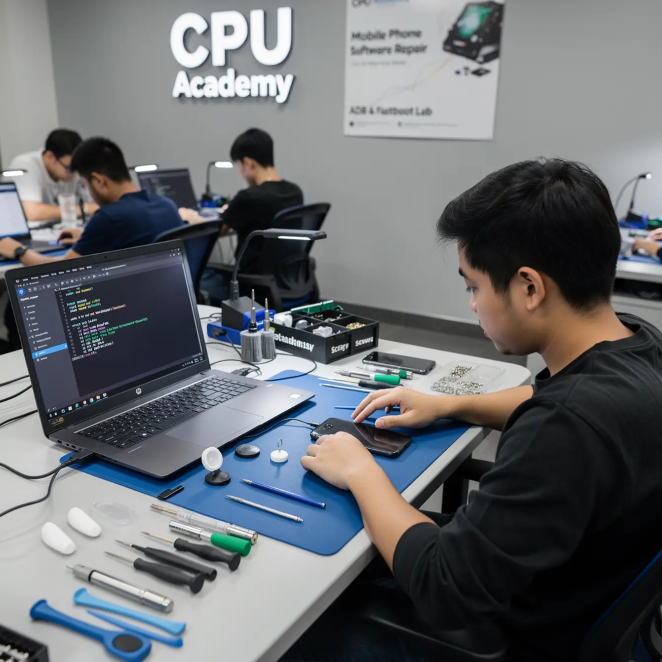 Mobile Phone Software Course - ADB and Fastboot Cheatsheet for Phone Repair Students — body photo 1 showing Firmware Flashing Workstation