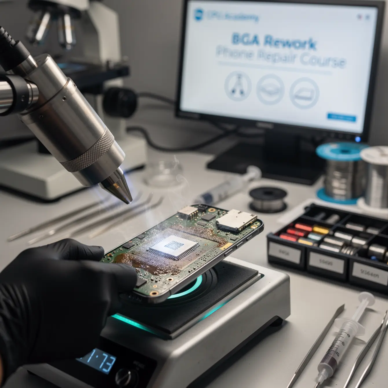 Bga Rework Phone Repair Course - BGA Rework: Bridges, Voids, and Reliable Reballing — body photo 1 showing Hot-Air Rework Action Shot