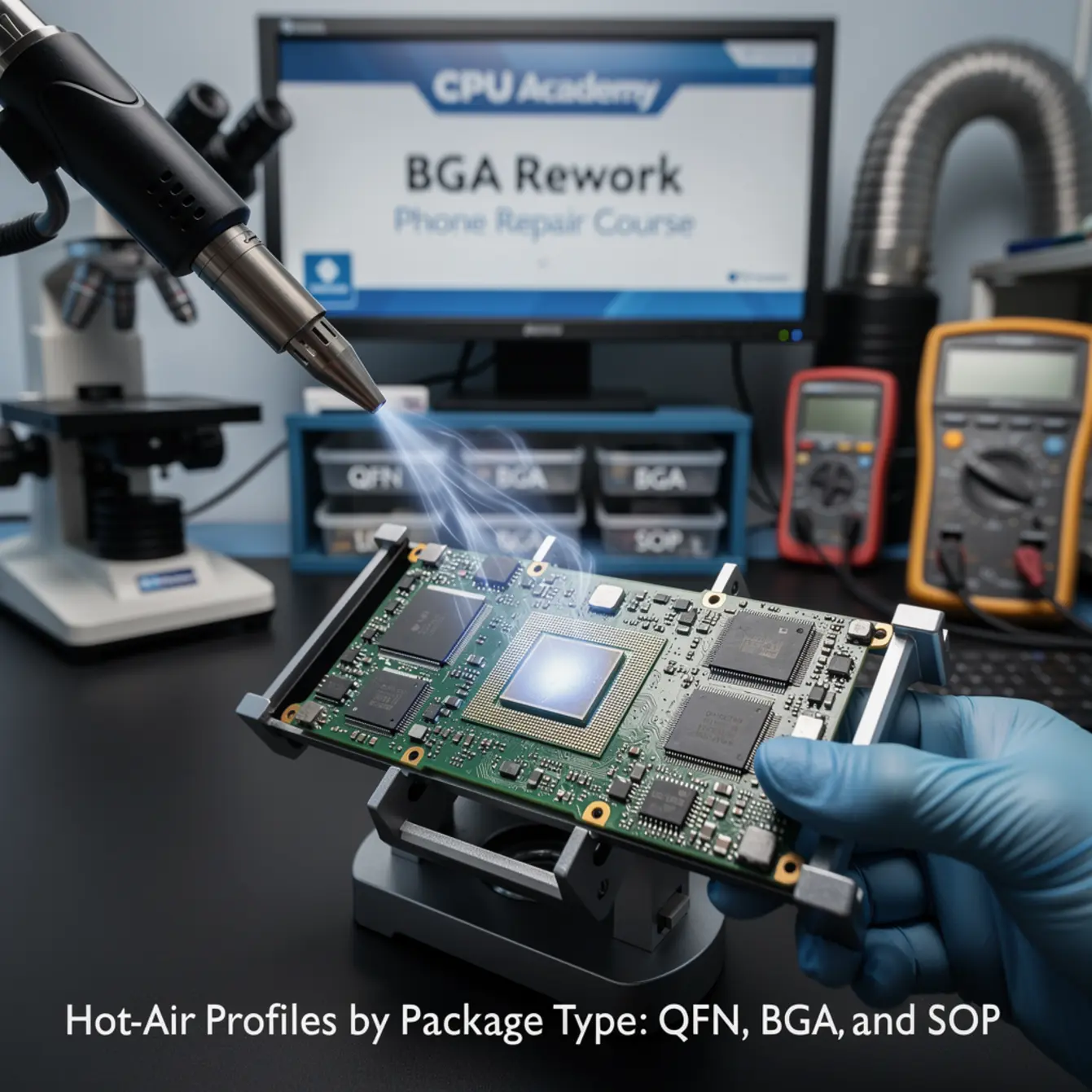 Bga Rework Phone Repair Course - Hot-Air Profiles by Package Type: QFN, BGA, and SOP — body photo 1 showing Hot-Air Rework Action Shot