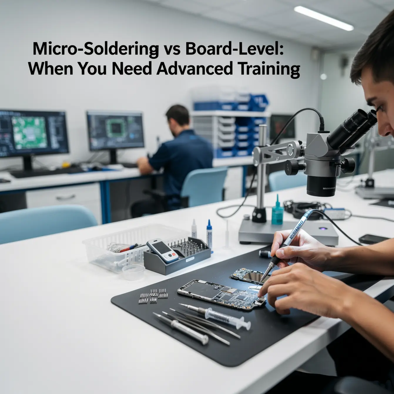 Micro Soldering Training - Micro-Soldering vs Board-Level: When You Need Advanced Training — body photo 1 showing Wide Repair Bench Hero