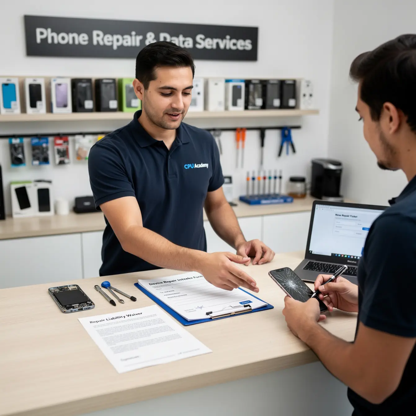 Start Phone Repair Business - Repair Intake Forms and Waivers: Templates Every Small Shop Needs — body photo 1 showing Front Counter Customer Service