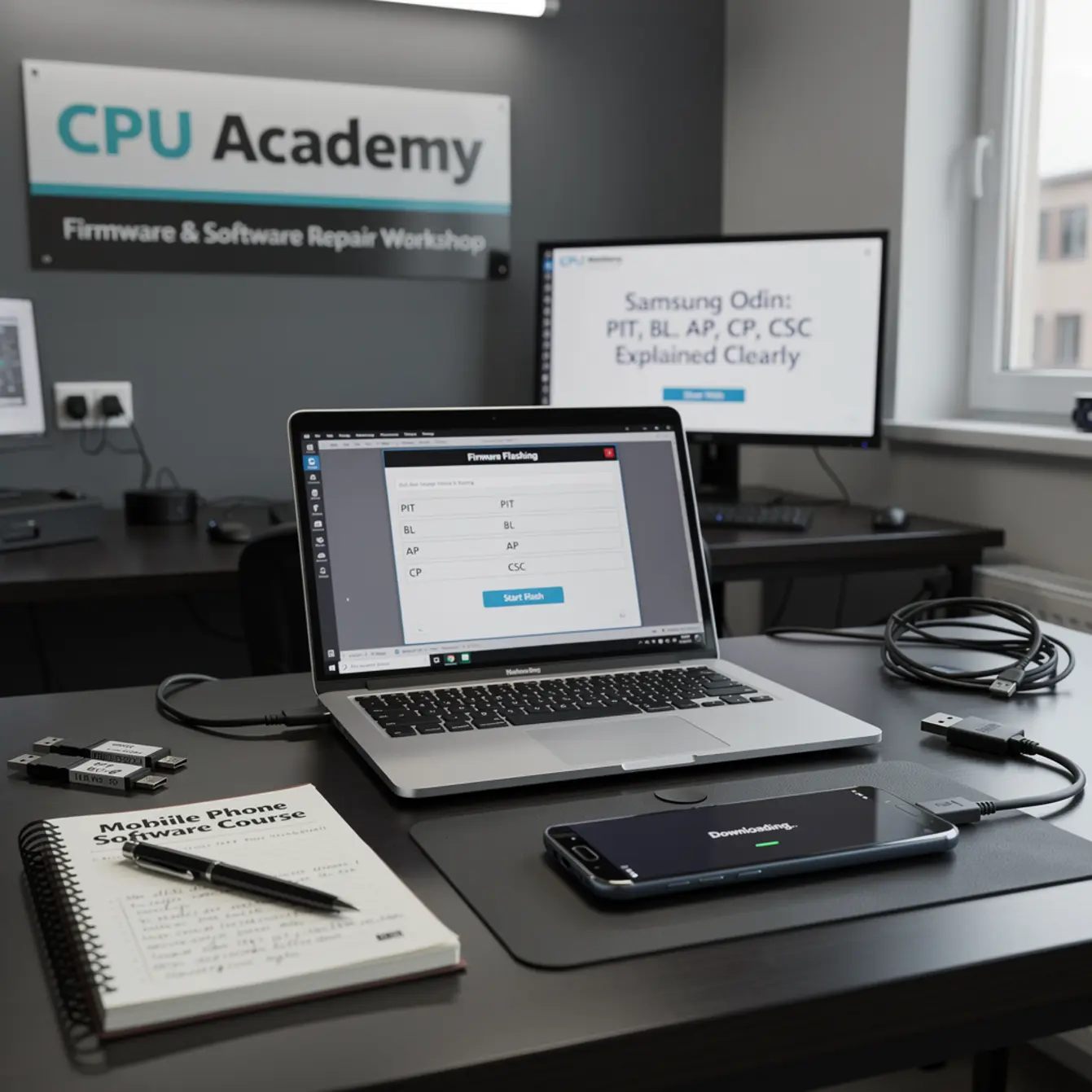 Mobile Phone Software Course - Samsung Odin: PIT, BL, AP, CP, and CSC Explained Clearly — body photo 1 showing Firmware Flashing Workstation
