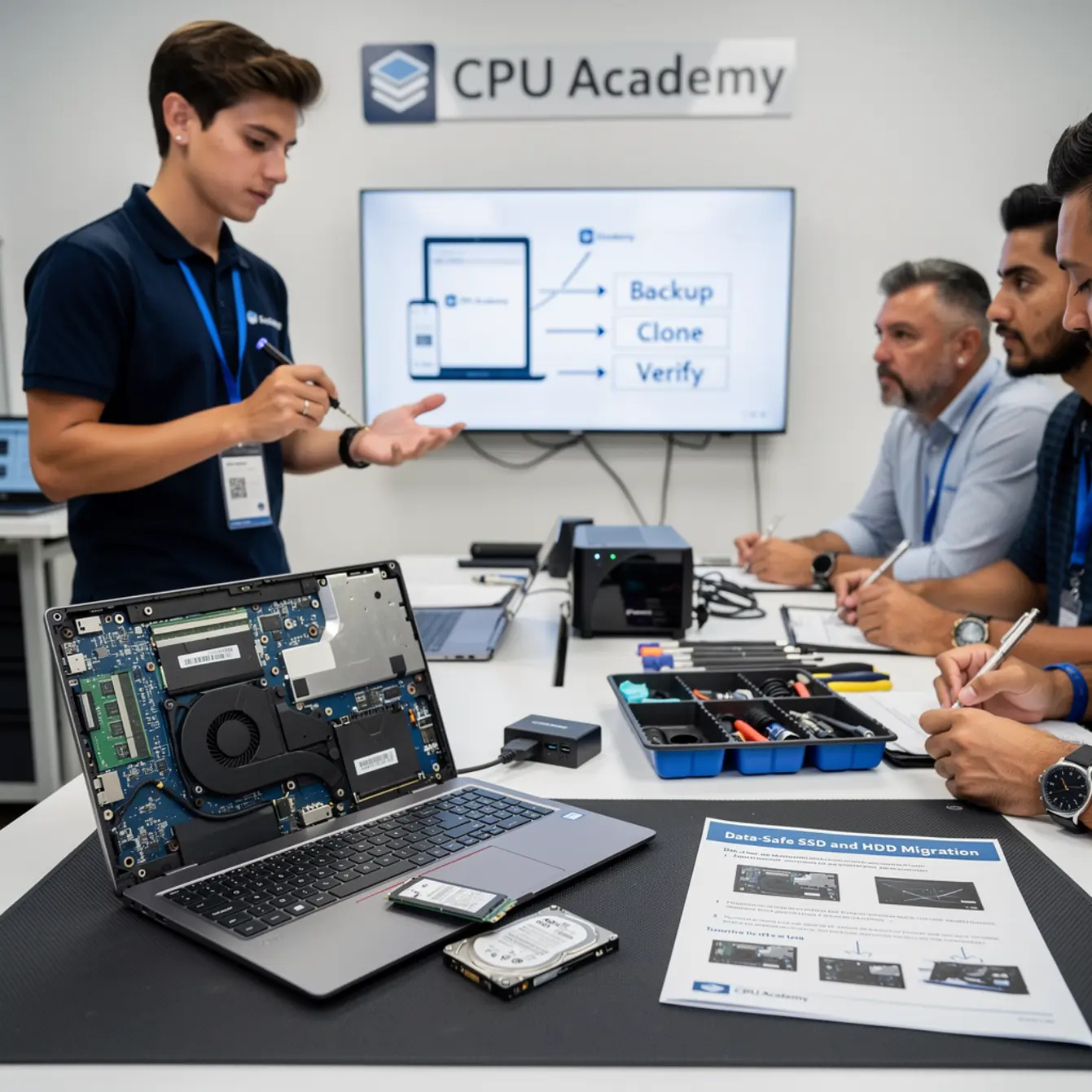 Laptop Repair Course - SSD and HDD Migration for Repair Techs: Data-Safe Workflow — body photo 1 showing Laptop Open Bench Repair