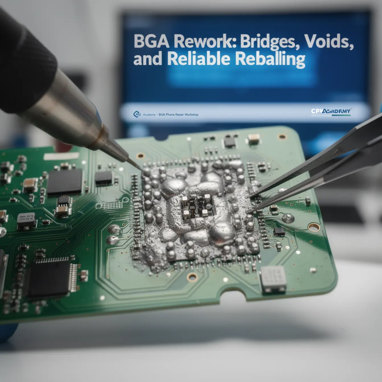 Bga Rework Phone Repair Course - BGA Rework: Bridges, Voids, and Reliable Reballing — body photo 2 showing Microscope POV Solder Joint