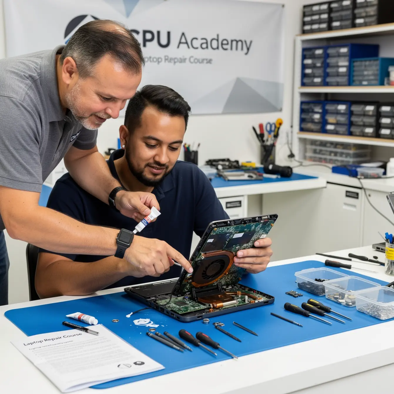 Laptop Repair Course - Cooling and Thermal Paste: Safe Laptop Service That Actually Works — body photo 2 showing Instructor Teaching Over Shoulder