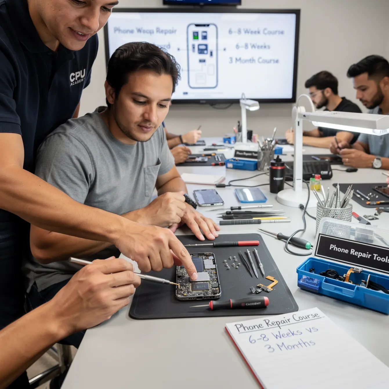 How Long Does a Phone Repair Course Take? 6-8 Weeks vs 3 Months — body photo 2 showing Instructor Teaching Over Shoulder