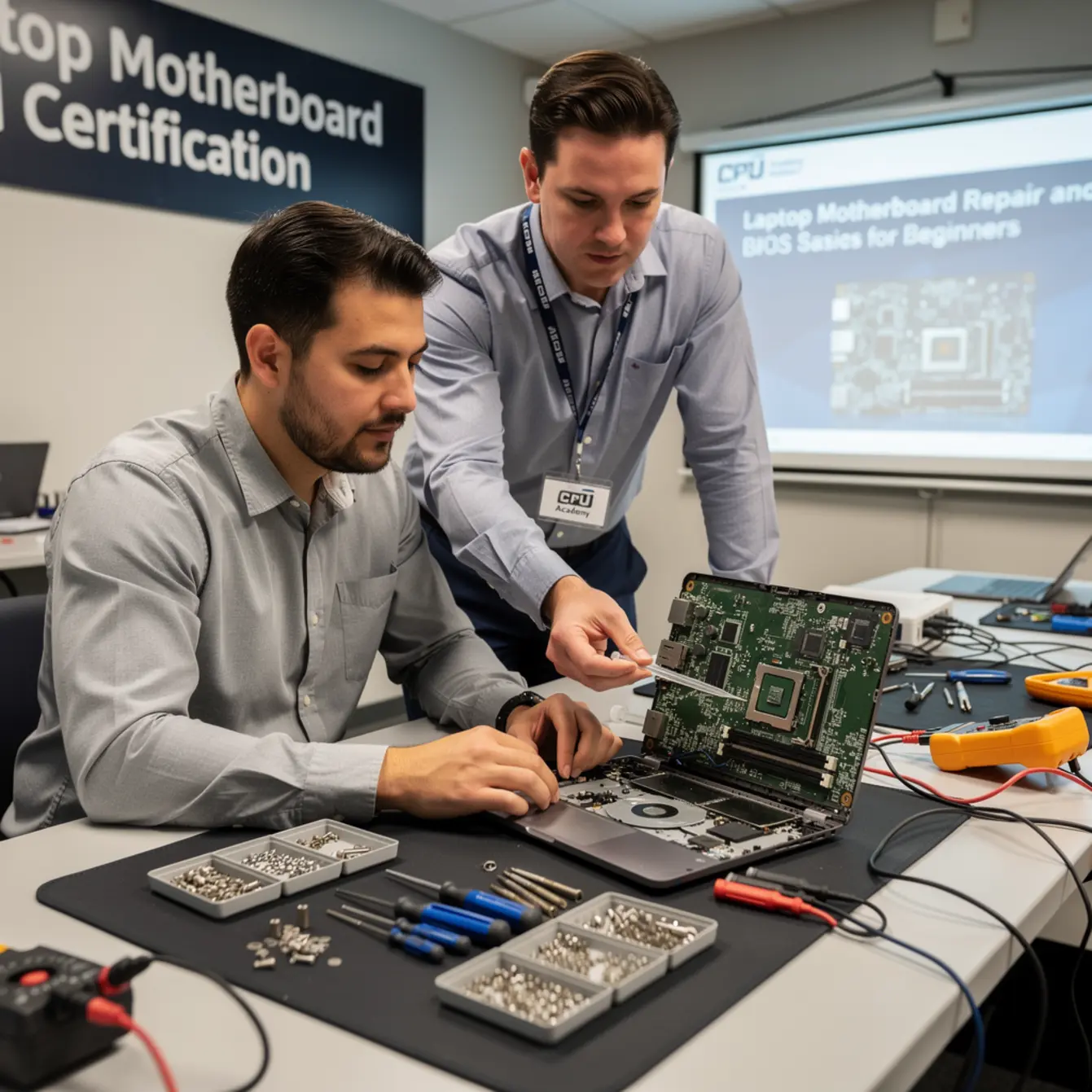 Laptop Motherboard Repair Certification - Laptop Motherboard Repair and BIOS Basics for Beginners — body photo 2 showing Instructor Teaching Over Shoulder