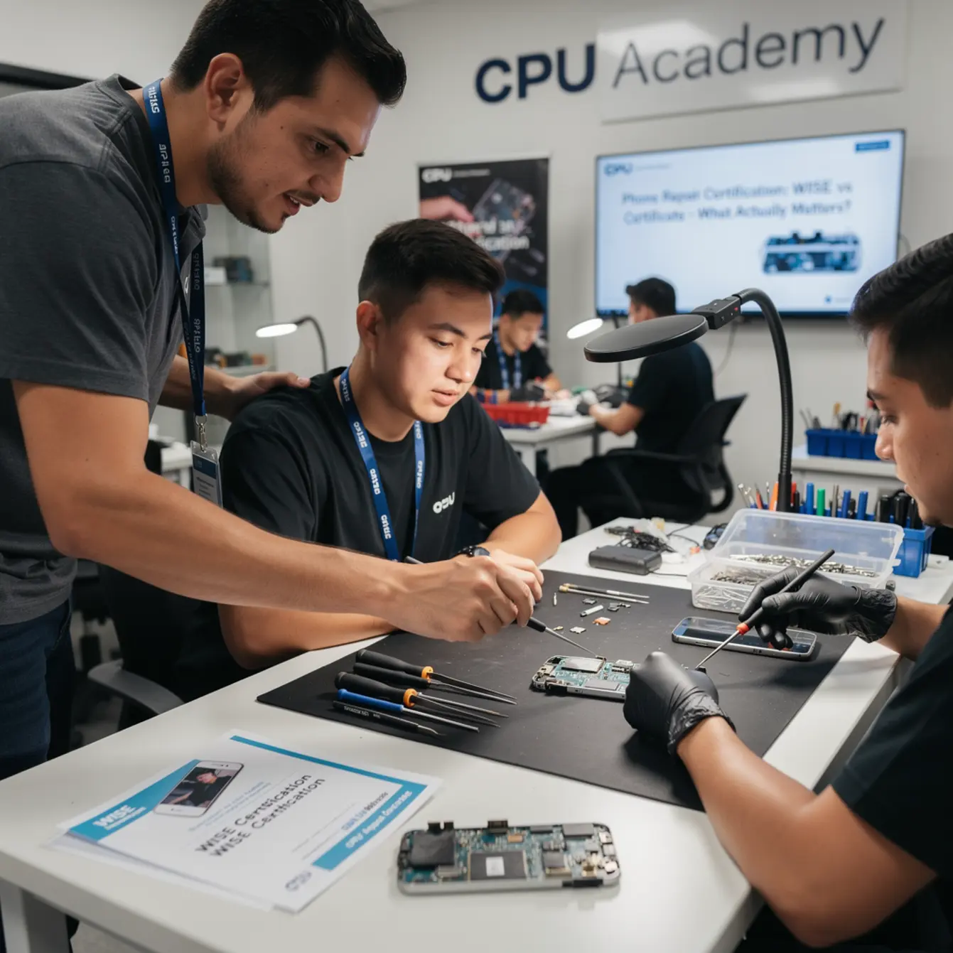 Phone Repair Certification: WISE vs Certificate - What Actually Matters? — body photo 2 showing Instructor Teaching Over Shoulder