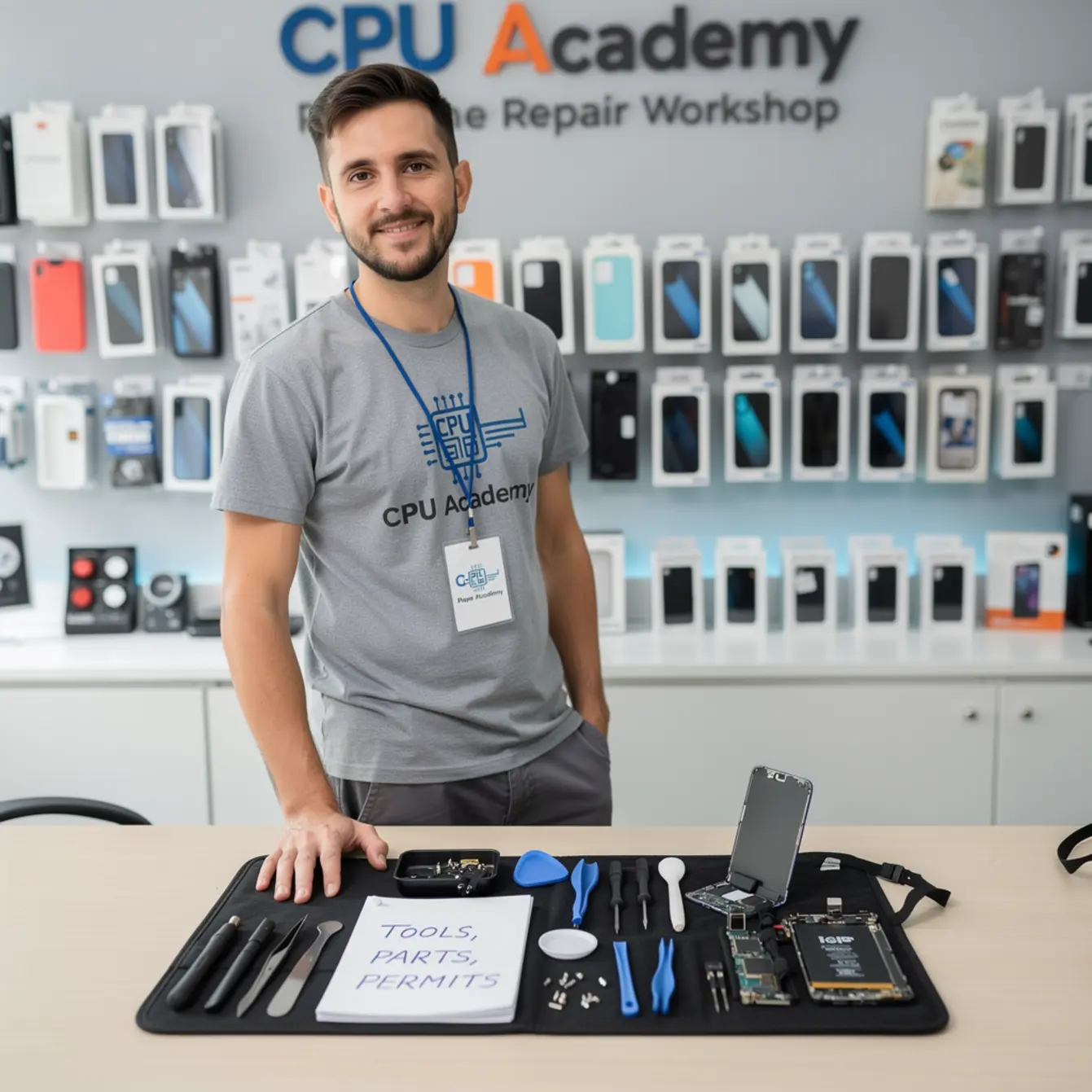 Phone Repair Toolkit For Beginners - Startup Costs for a Phone Repair Business: Tools, Parts, and Permits — body photo 2 showing Operator Standing in Storefront
