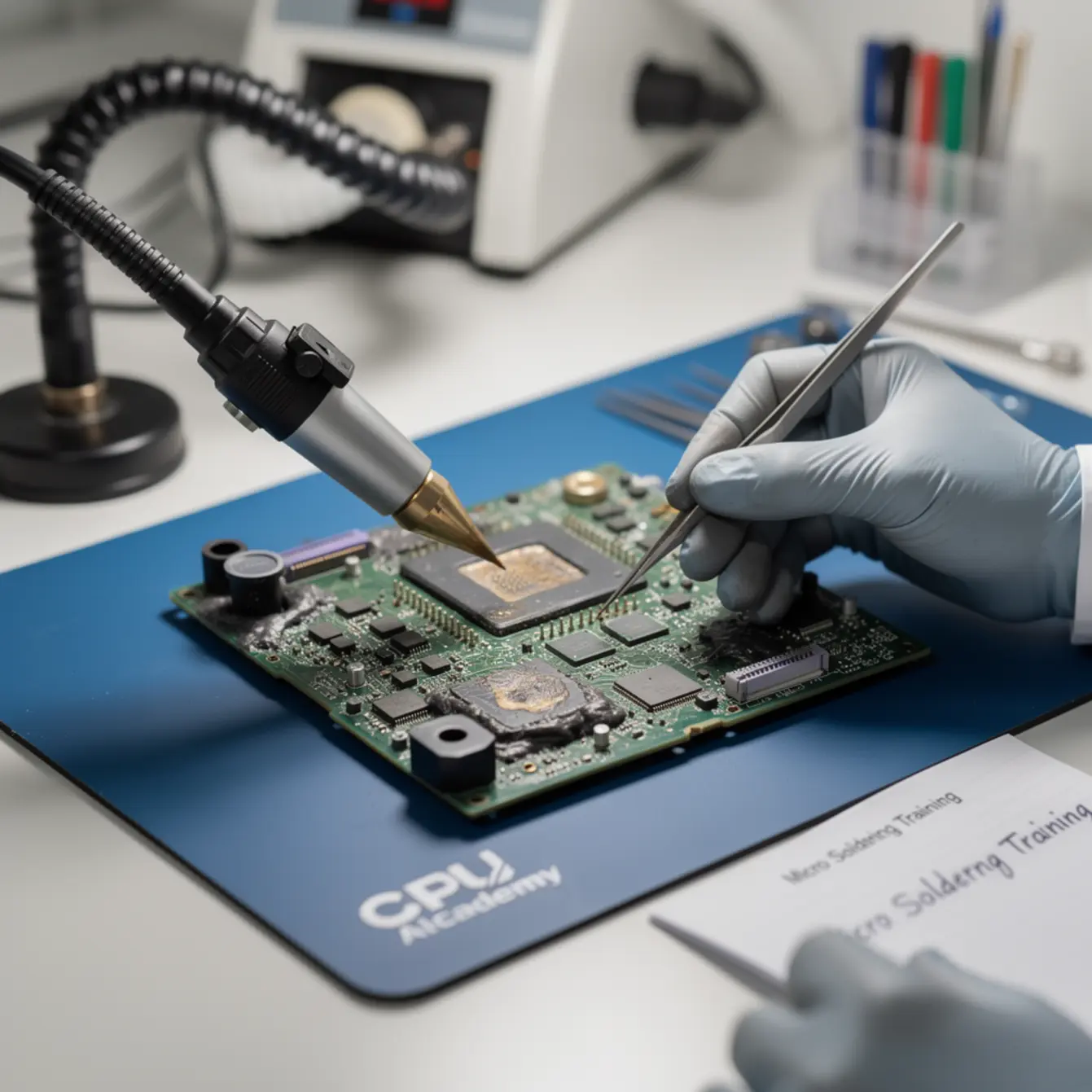 Micro Soldering Training - Underfill Removal and Pad Repair Under the Microscope — body photo 2 showing Hot-Air Rework Action Shot