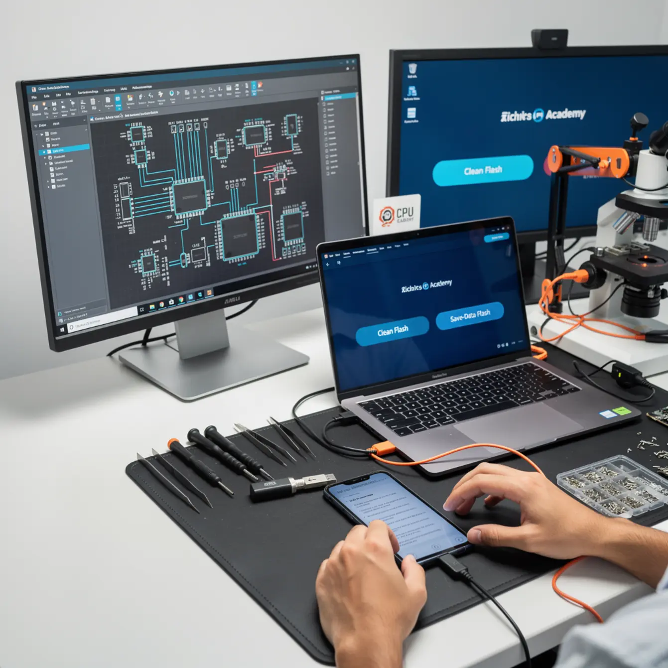 Mobile Phone Software Course - Xiaomi MiFlash: Clean Flash vs Save-Data Flash — body photo 2 showing Scorpion / Schematic Analysis Workstation