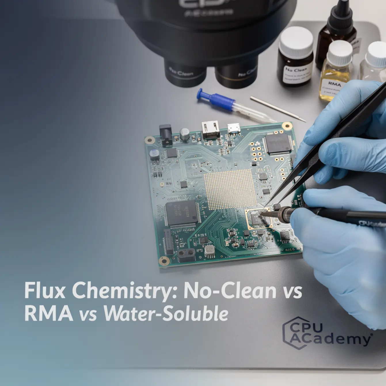 Micro Soldering Training - Flux Chemistry: No-Clean vs RMA vs Water-Soluble — body photo 3 showing Microscope/Board Texture Background