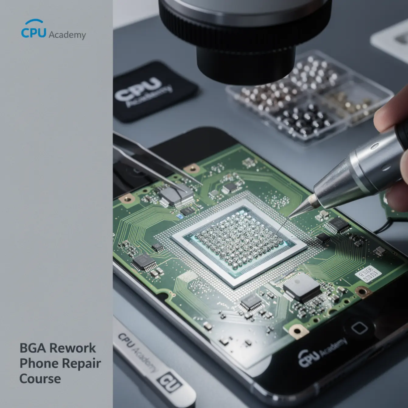 Bga Rework Phone Repair Course - Hot-Air Profiles by Package Type: QFN, BGA, and SOP — body photo 3 showing Microscope/Board Texture Background