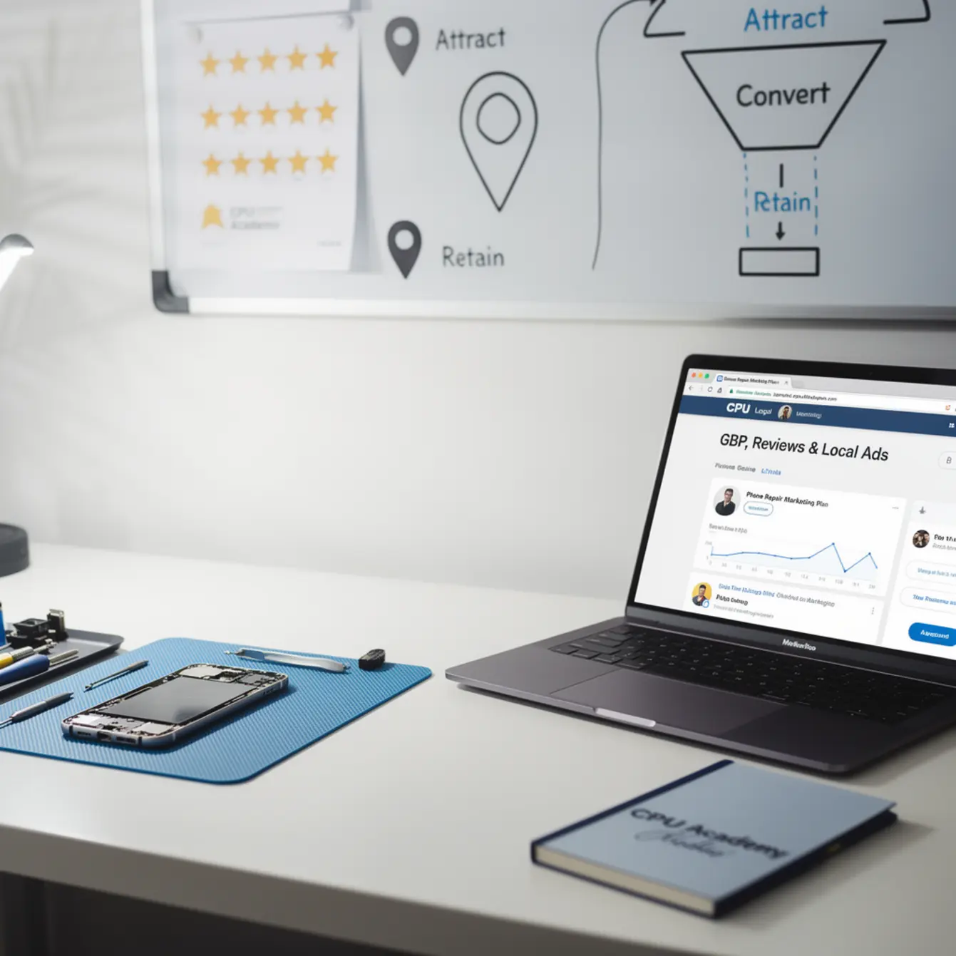 Phone Repair Marketing Plan - Phone Repair Marketing Playbook: GBP, Reviews, and Local Ads — body photo 3 showing Clean Light Desk Background