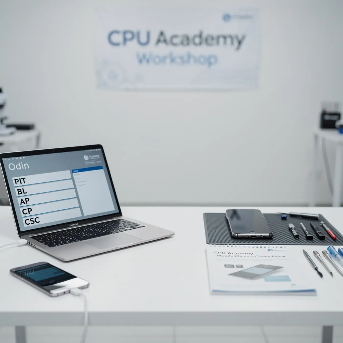 Mobile Phone Software Course - Samsung Odin: PIT, BL, AP, CP, and CSC Explained Clearly — body photo 3 showing Clean Light Desk Background