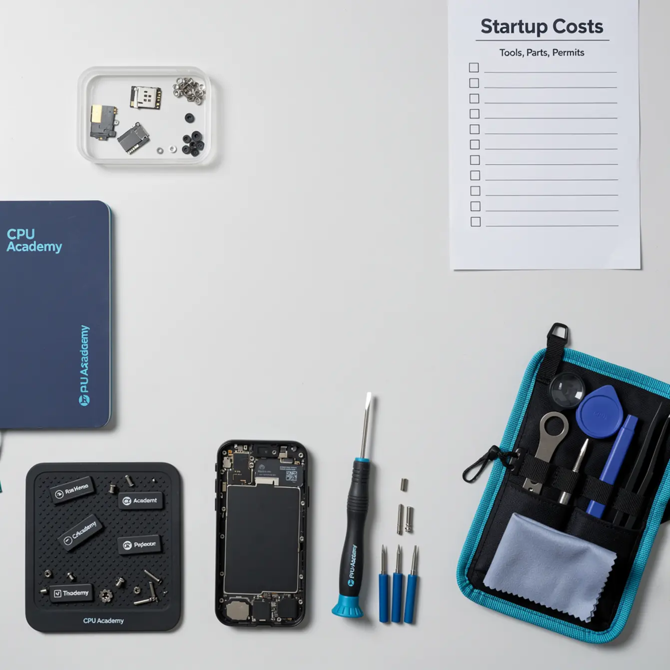 Phone Repair Toolkit For Beginners - Startup Costs for a Phone Repair Business: Tools, Parts, and Permits — body photo 3 showing Clean Light Desk Background