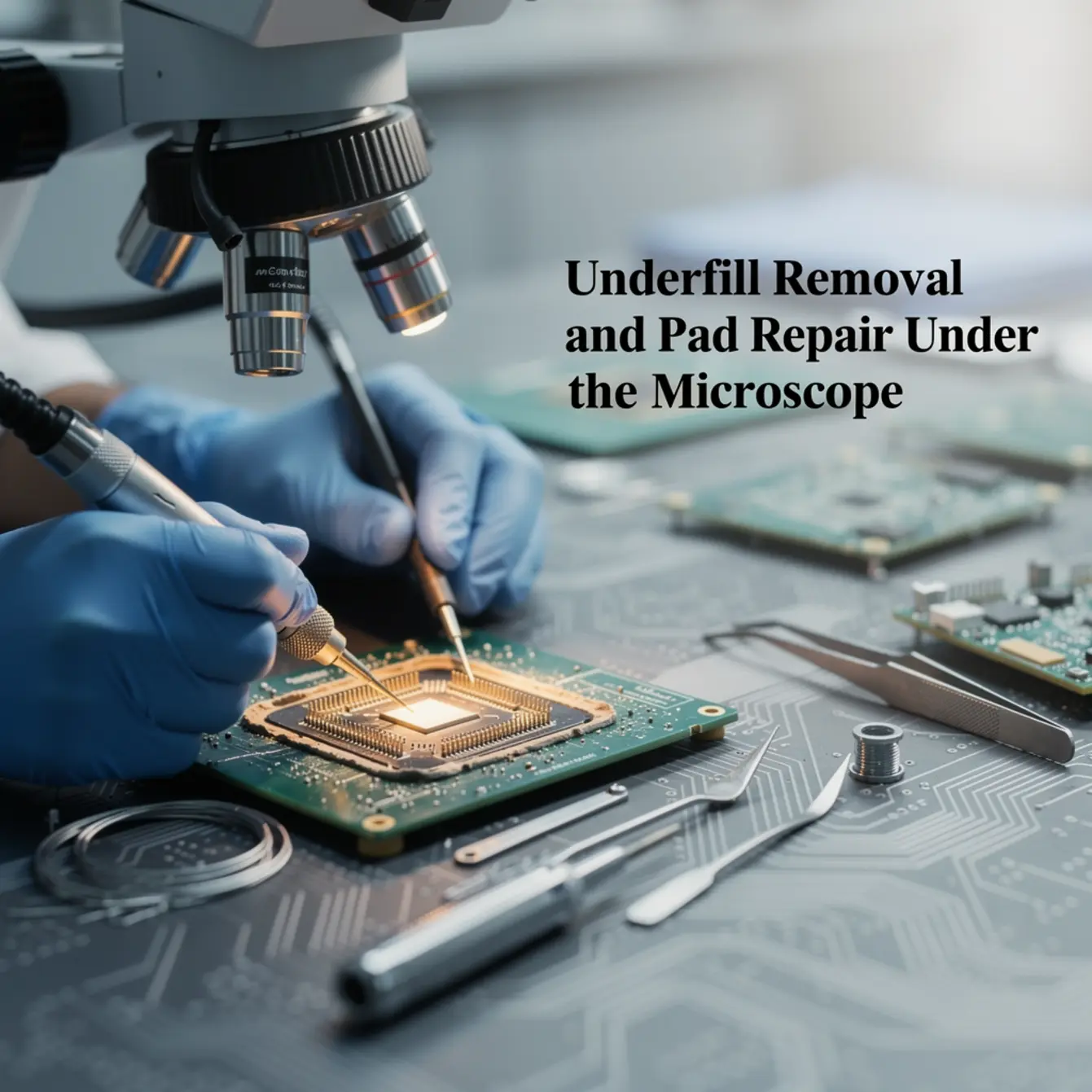 Micro Soldering Training - Underfill Removal and Pad Repair Under the Microscope — body photo 3 showing Microscope/Board Texture Background