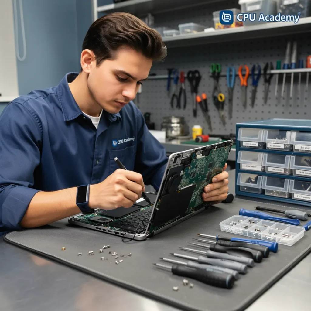 Laptop repair bench illustrating cooling and thermal paste: safe laptop service that actually works with open device, tools, and realistic technician workflow
