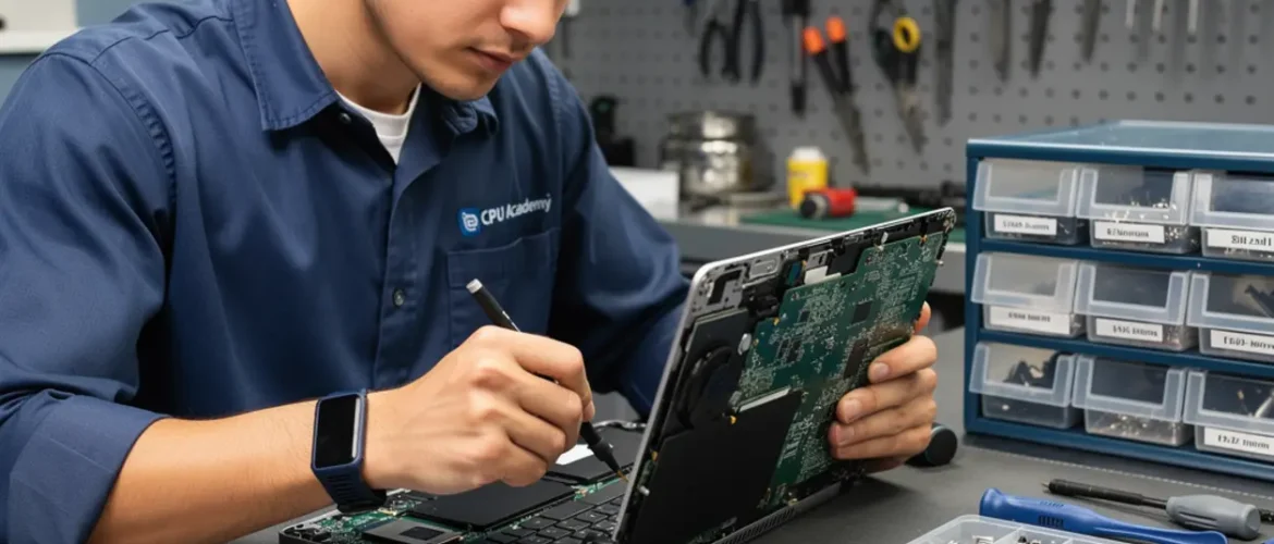 Laptop repair bench illustrating cooling and thermal paste: safe laptop service that actually works with open device, tools, and realistic technician workflow