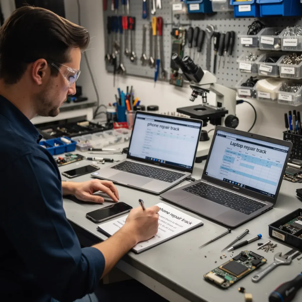 Technician performing micro soldering training under a microscope on a smartphone logic board at a real repair bench