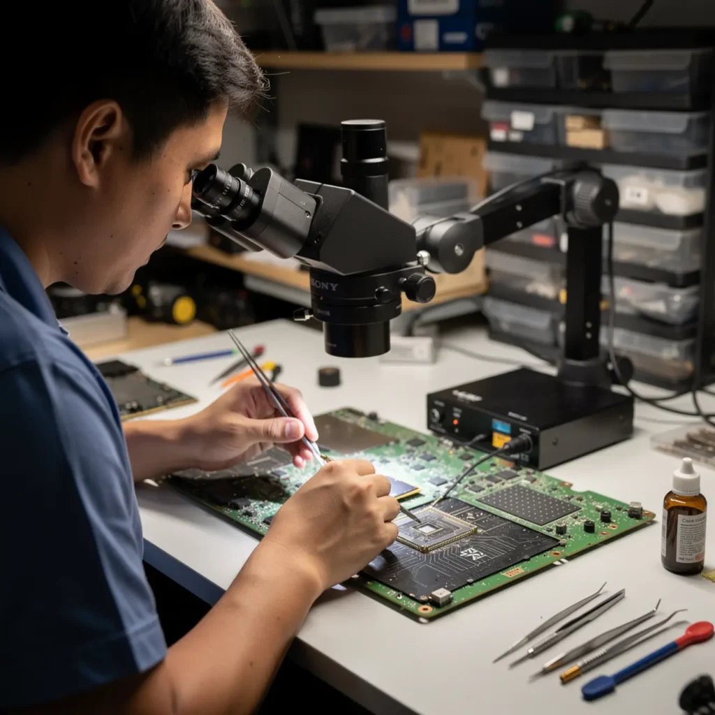 Technician performing BGA rework phone repair course under a microscope on a smartphone logic board at a real repair bench
