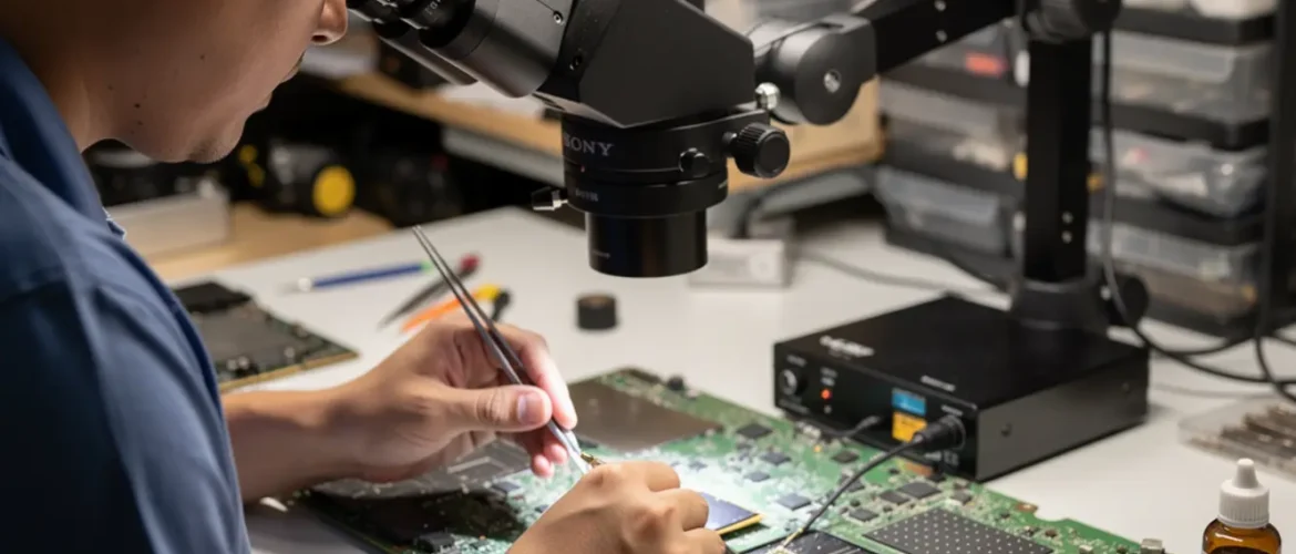 Technician performing BGA rework phone repair course under a microscope on a smartphone logic board at a real repair bench