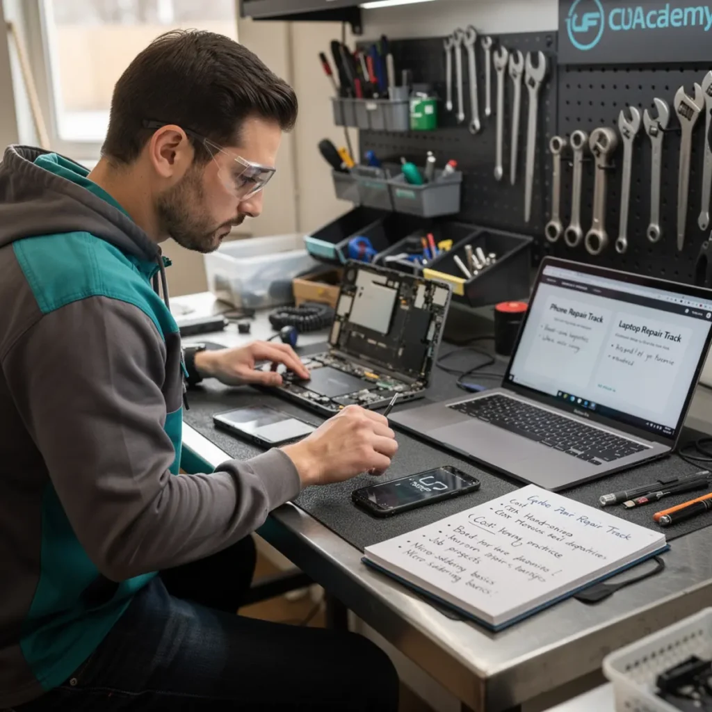 Phone repair training scene illustrating how long does a phone repair course take? 6-8 weeks vs 3 months with real devices, tools, and hands-on learning context