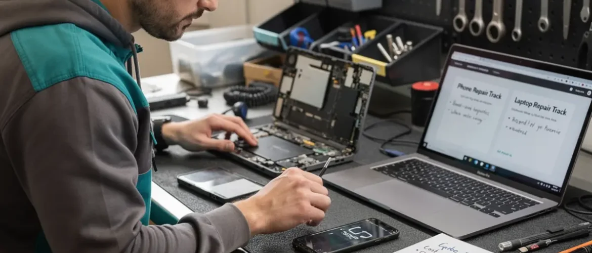 Phone repair training scene illustrating how long does a phone repair course take? 6-8 weeks vs 3 months with real devices, tools, and hands-on learning context