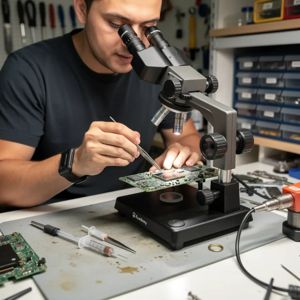 Laptop repair bench illustrating laptop motherboard repair and bios basics for beginners with open device, tools, and realistic technician workflow