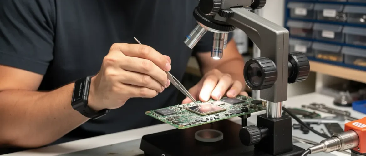 Laptop repair bench illustrating laptop motherboard repair and bios basics for beginners with open device, tools, and realistic technician workflow