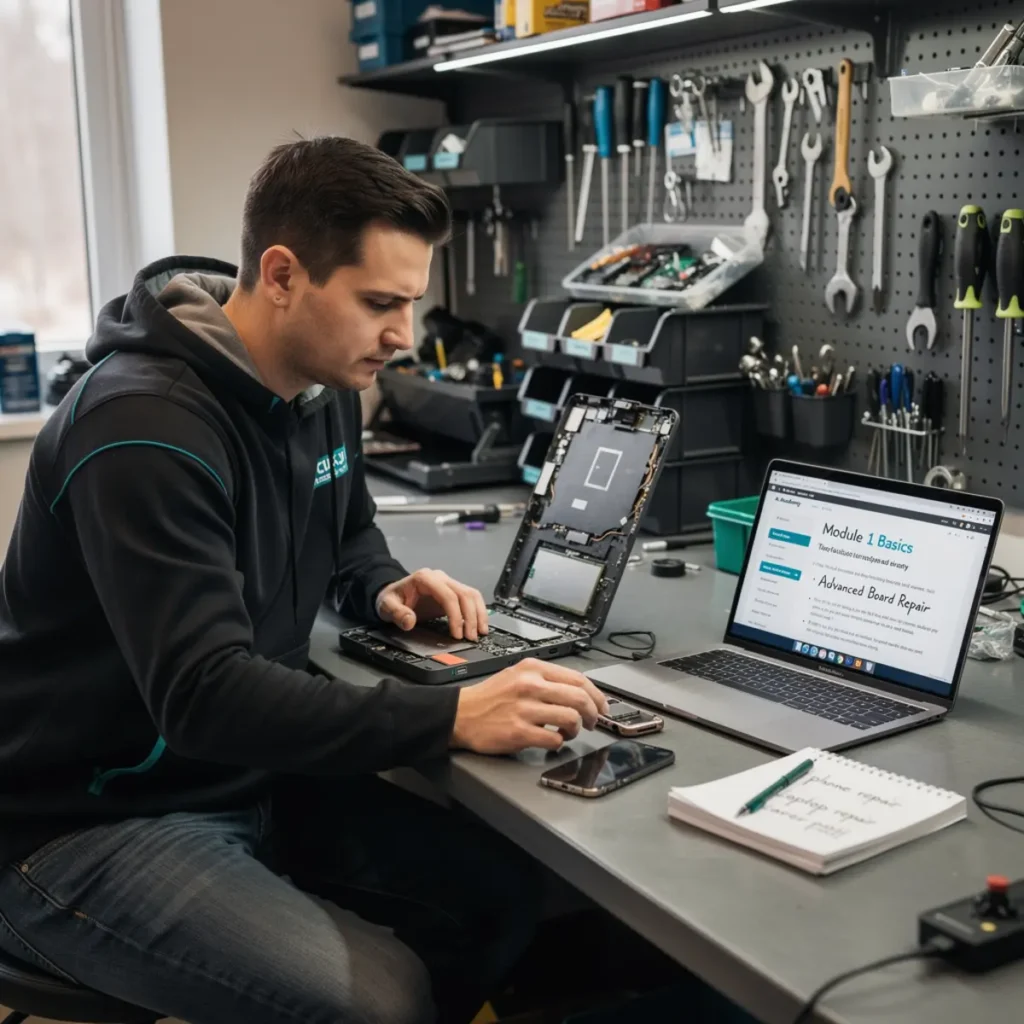 Phone repair training scene illustrating micro-soldering vs board-level: when you need advanced training with real devices, tools, and hands-on learning context
