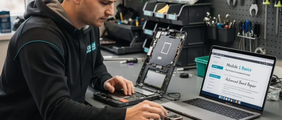 Phone repair training scene illustrating micro-soldering vs board-level: when you need advanced training with real devices, tools, and hands-on learning context