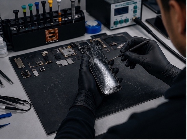 Opening a phone & screen repair at the CPU Academy bench