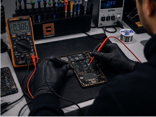 Multimeter board testing at the CPU Academy bench