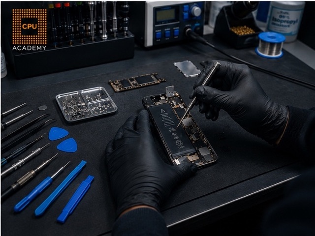 Phone reassembly & battery at the CPU Academy bench