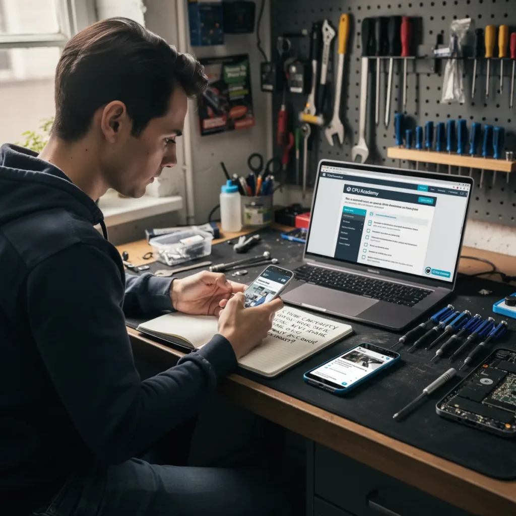 Phone repair training scene illustrating phone repair certification: wise vs certificate - what actually matters? with real devices, tools, and hands-on learning context