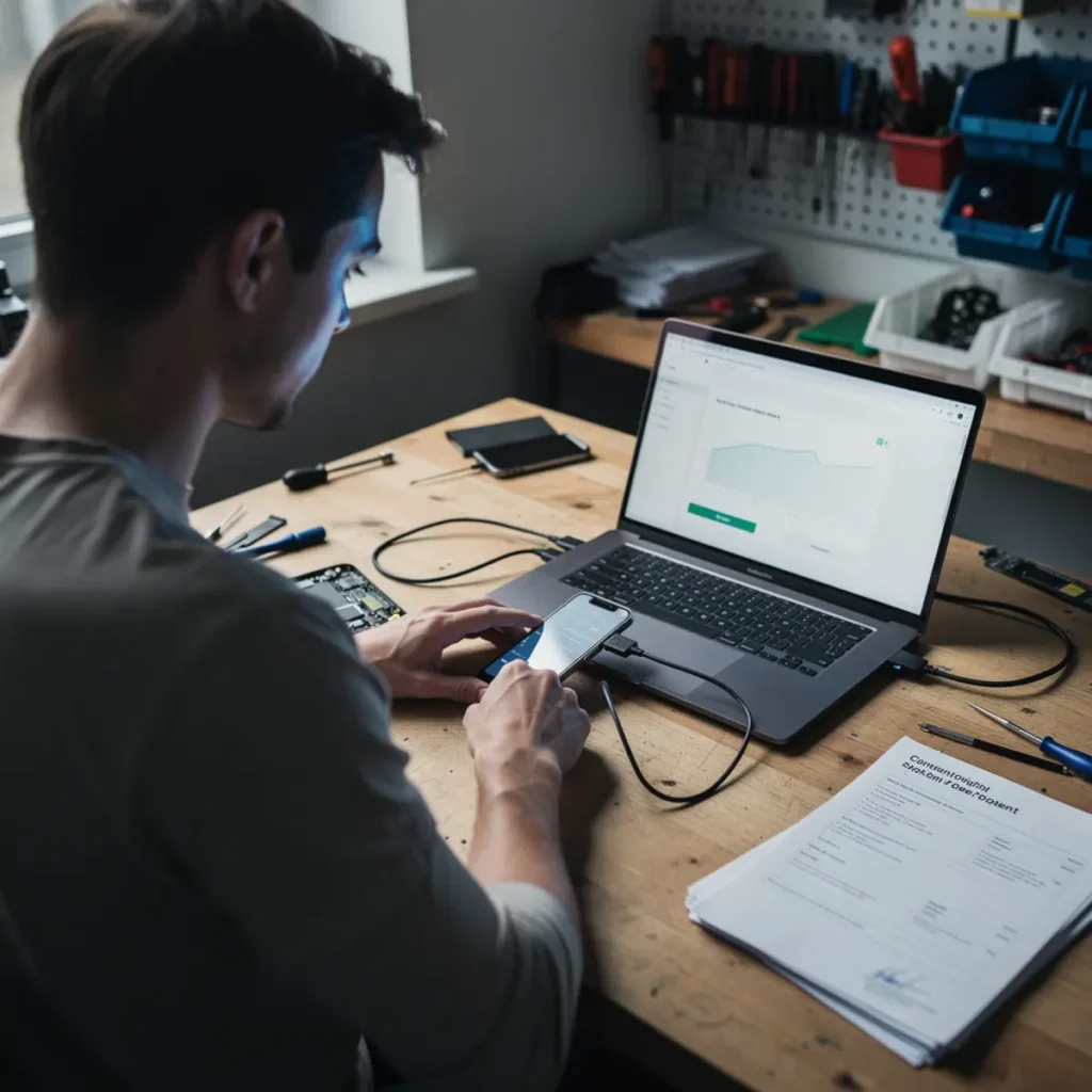 Software repair workstation showing mobile phone software course workflow with a connected smartphone and troubleshooting screen