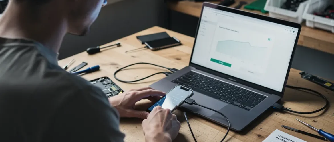Software repair workstation showing mobile phone software course workflow with a connected smartphone and troubleshooting screen