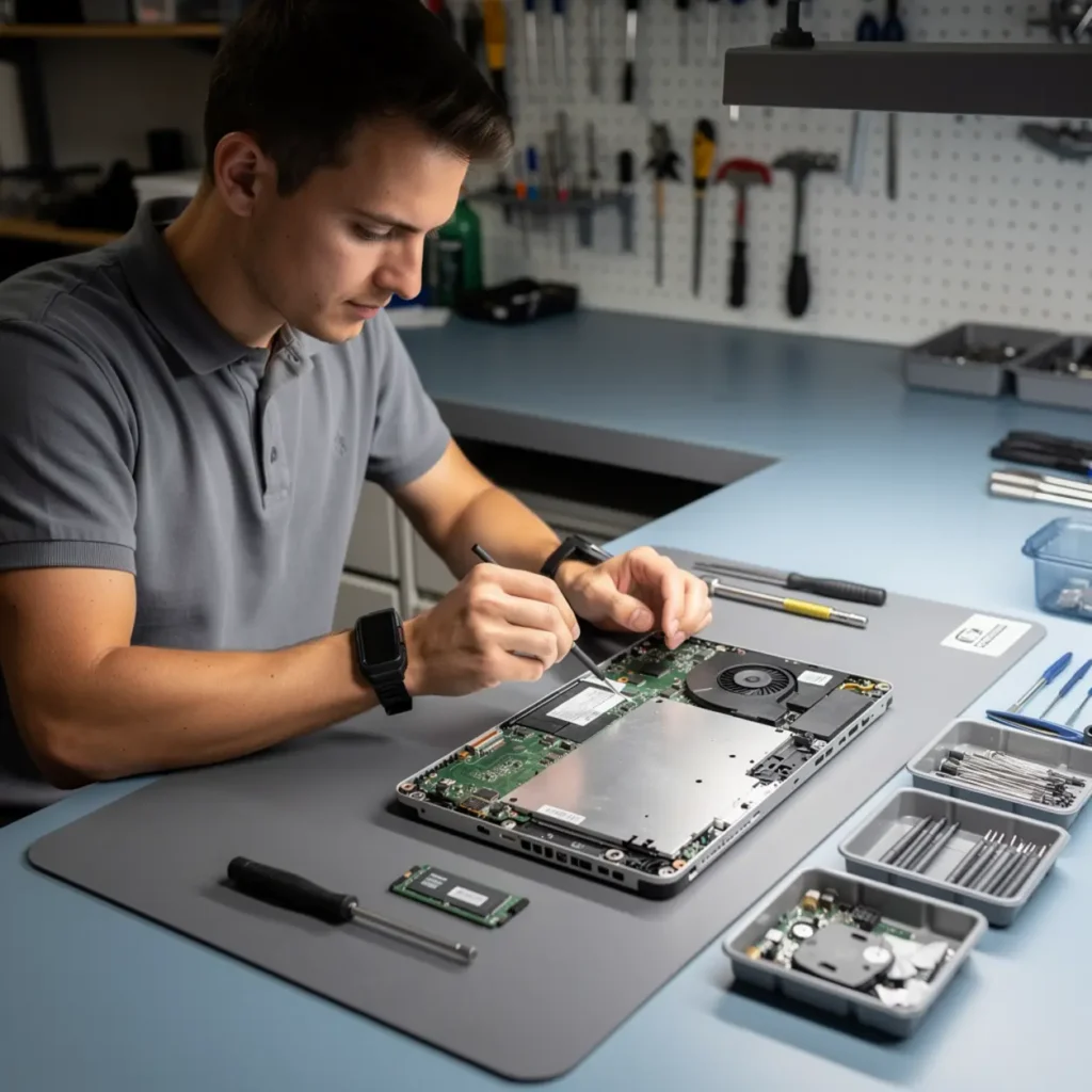 Laptop repair bench illustrating ssd and hdd migration for repair techs: data-safe workflow with open device, tools, and realistic technician workflow