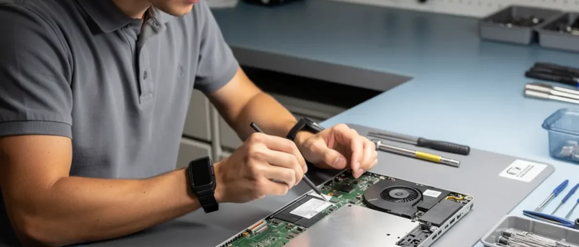 Laptop repair bench illustrating ssd and hdd migration for repair techs: data-safe workflow with open device, tools, and realistic technician workflow