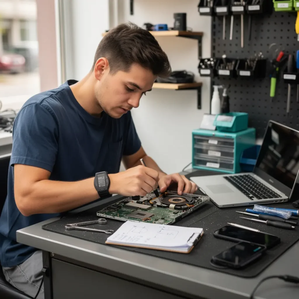 Phone repair training scene illustrating tools you need for a phone repair course (beginner kit checklist) with real devices, tools, and hands-on learning context