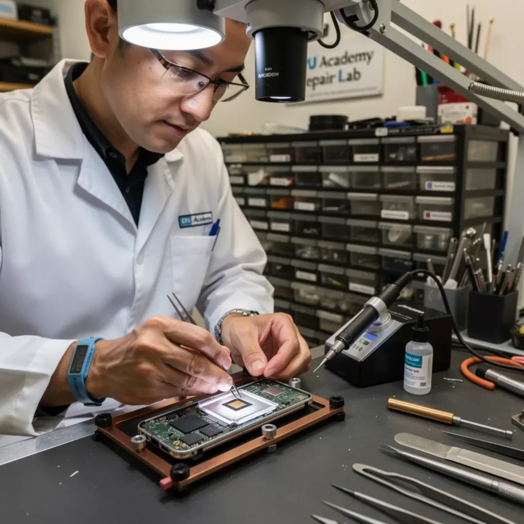 Technician performing micro soldering training under a microscope on a smartphone logic board at a real repair bench