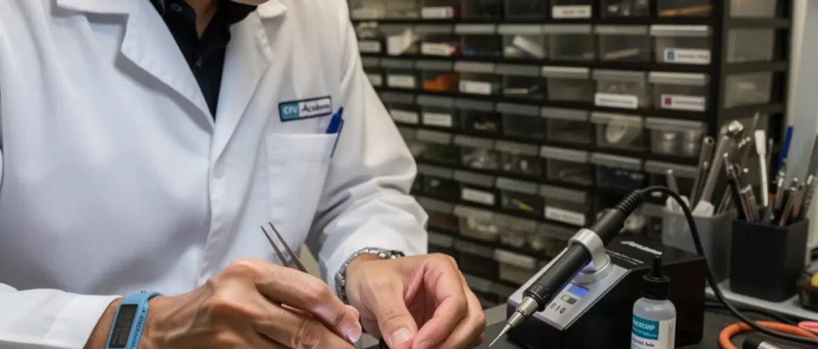Technician performing micro soldering training under a microscope on a smartphone logic board at a real repair bench