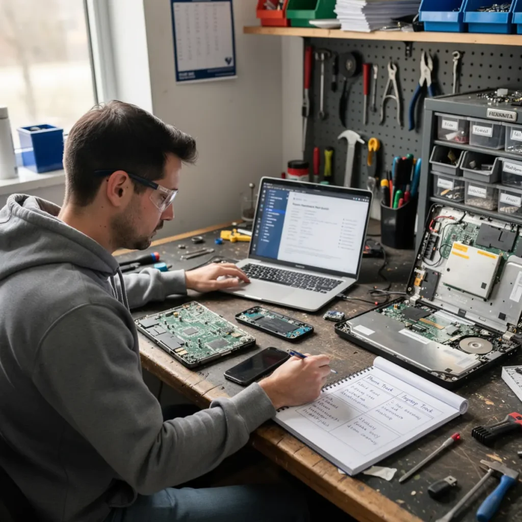 Software repair workstation showing mobile phone software course workflow with a connected smartphone and troubleshooting screen