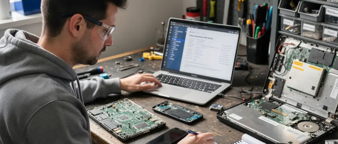 Software repair workstation showing mobile phone software course workflow with a connected smartphone and troubleshooting screen