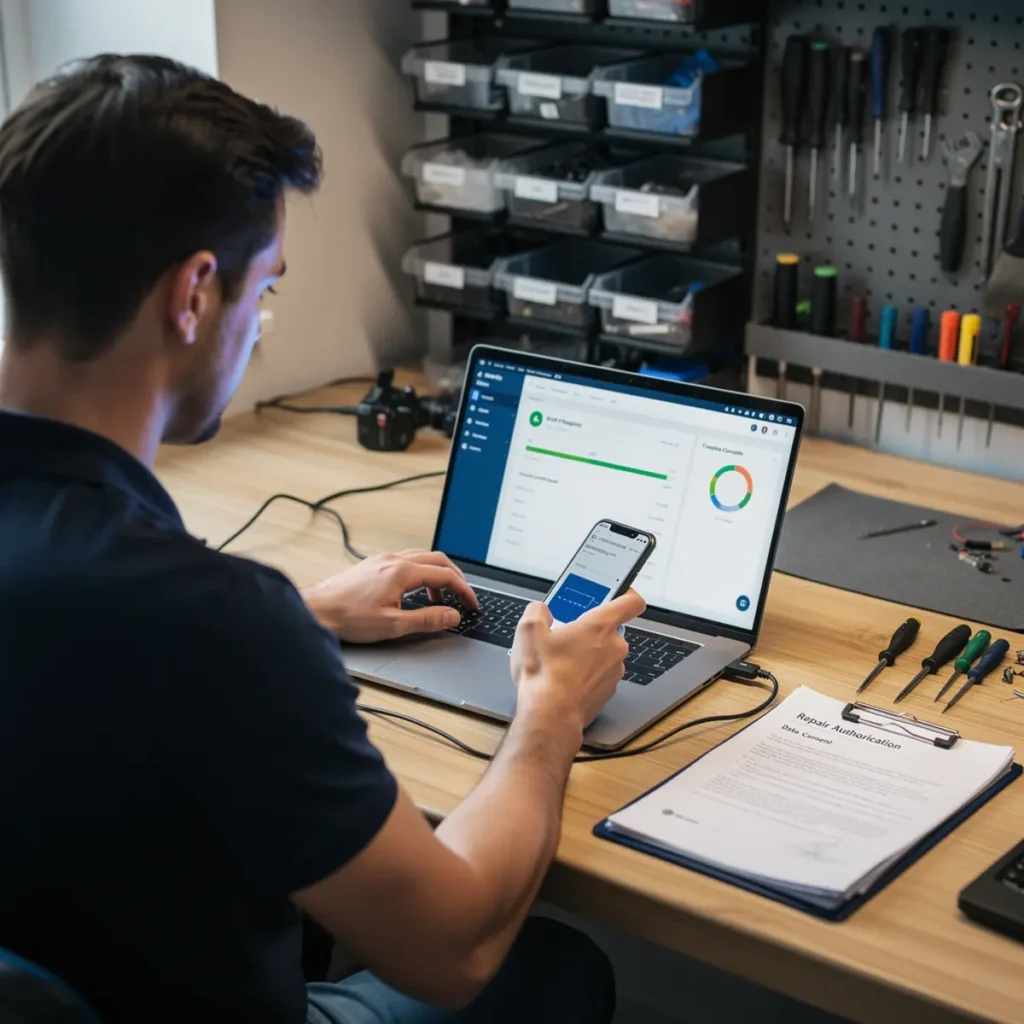 Software repair workstation showing mobile phone software course workflow with a connected smartphone and troubleshooting screen