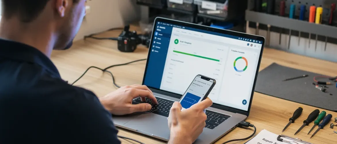 Software repair workstation showing mobile phone software course workflow with a connected smartphone and troubleshooting screen