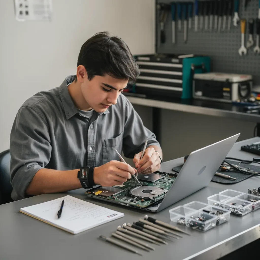 Phone repair training scene illustrating beginner phone repair course syllabus: what you learn week by week with real devices, tools, and hands-on learning context